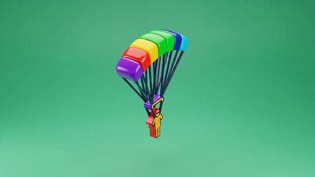 Vibrant Rainbow Parachute with Figure Descending Animation.