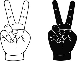 Peace hand sign vector, victory gesture illustration, black and white drawing, two fingers up, freedom symbol, minimal style, outline and silhouette