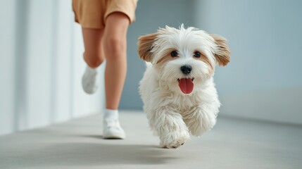 Happy dog running on a bright day with person in background