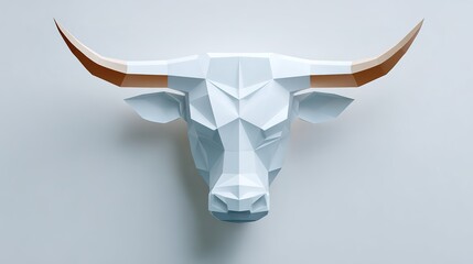 Geometric bull head sculpture with horns on neutral background