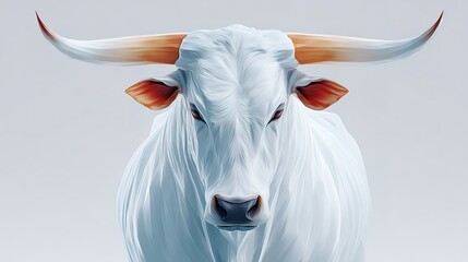 Majestic white bull with long horns against a soft background