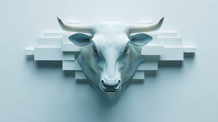 Abstract geometric bull sculpture in monochrome tones against a minimalist background