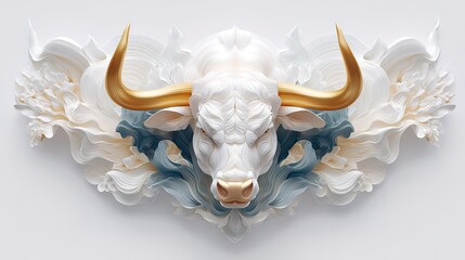 Intricate abstract bull head with flowing horns and curved patterns in white and gold