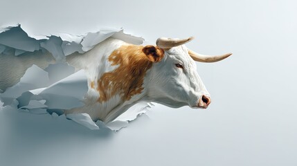 Detailed cow head emerging from torn paper on clean white background