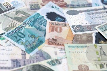 Egyptian pound currency money bills. The current banknotes lies on table in big amount