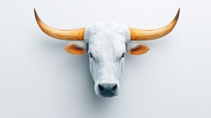 Front view of white bull with majestic horns on white background