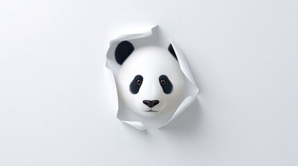 Adorable panda face peeking through a tear in white paper