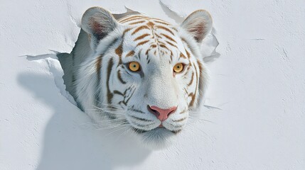 Majestic white tiger emerging from wall with intense gaze