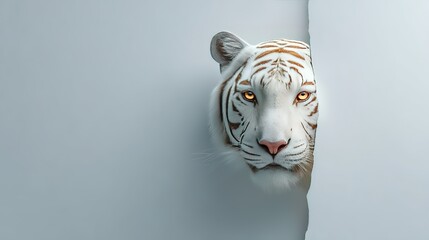 White tiger peering through paper wall with intense gaze