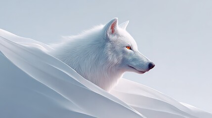 Majestic white wolf in serene snowy landscape with striking red eyes