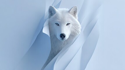 Majestic white wolf peeking through snowy background in winter scene