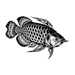 Elegant black and white arowana fish illustration displaying detailed scales and fins