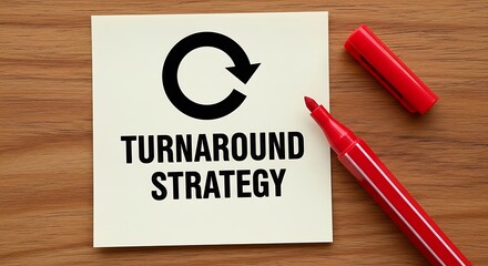 Turnaround strategy text and circular arrow symbol on a piece of paper with a red marker