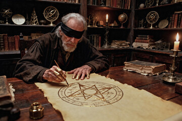 A blindfolded sage or alchemist carefully inscribes a mystical symbol on an ancient scroll by candlelight in his arcane, wisdom-filled study.