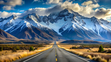 A long road leads to snowcovered mountains under a cloudy sky, passing through a golden field with scattered trees and a sense of adventure