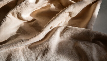 Fototapeta premium Abstract Neutral Background Crumpled Draped Linen Fabric Texture On Sun Light With Soft Shadows Aesthetic Sustainable Bohemian Backdrop Copy Space