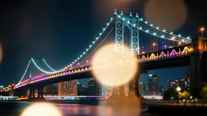 Lit suspension bridge at night over water, buildings in background - Powered by Adobe