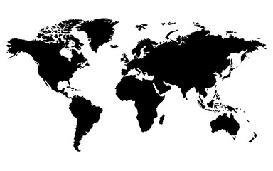 Vector silhouette of the world map, in solid black, a concept of global coverage and symbolizing international connections and travel