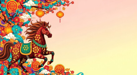 Festive horse carousel with chinese lanterns for lunar new year celebration