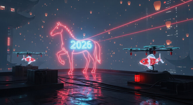 Futuristic neon horse sculpture glowing cyberpunk ambiance