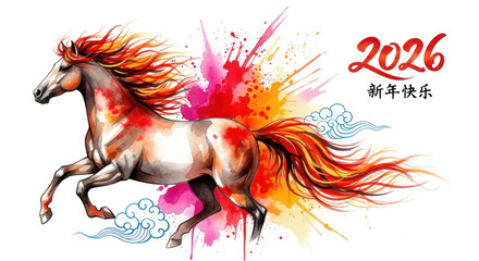 Vibrant watercolor horse symbolizes 2026 lunar new year celebration