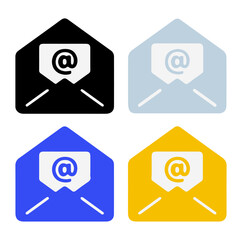 Email Notification Icon Set – Colorful Open Envelopes with @ Symbol for Messaging, Communication, and UI Design