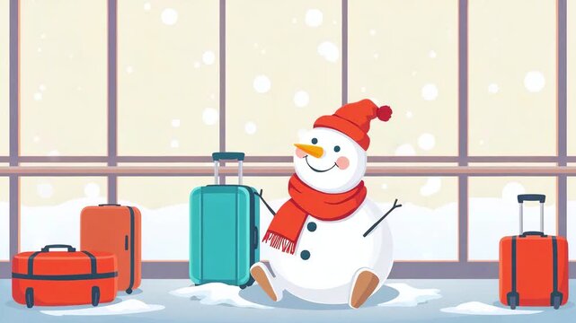 A funny snowman in a hat and scarf sits surrounded by suitcases near the airport. Cartoon vector style. A happy snowman is waiting for the winter vacation season to begin, Christmas holidays