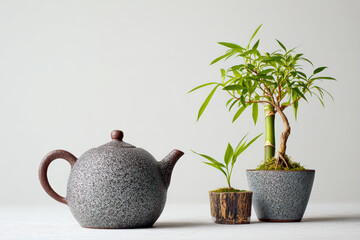 Japanese cultural elegance displayed with ornate teapot and teacup, bonsai detail, clean white background, minimalistic design, sharp focus, and refined photographic style.