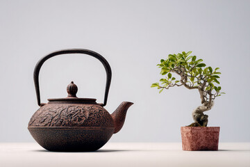 Commercial product photography of Japanese tea culture, ornate teapot and cup with bonsai tree, minimalistic composition, soft lighting, sharp textures, modern refinement.