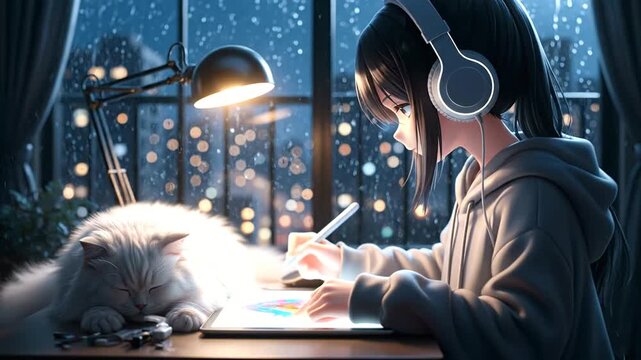 Anime girl with headphones studying at a desk on a rainy night with a fluffy white cat sleeping beside her.