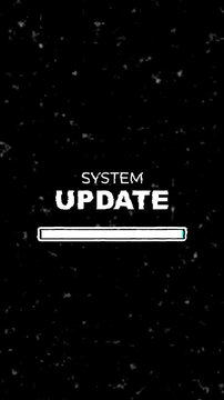 System update notification with progress bar for technology blogs, software development articles, educational presentations, and cybersecurity platforms. 4k vertical video with glitch effect