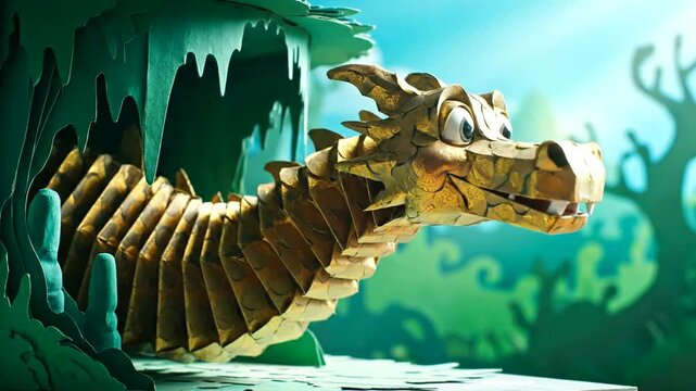 A whimsical papercraft dragon with a segmented body emerges from a dark, icy cave into a magical green forest.