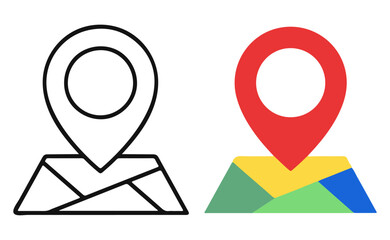 Map Location Icon Set – Outline and Colorful Pin Symbols for Navigation, GPS, and Digital Mapping Interfaces