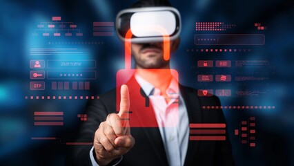 A businessman is wearing a virtual reality headset while interacting with a vivid digital security...