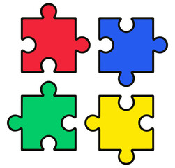 Colorful Puzzle Icon Set – Red, Blue, Green, Yellow Jigsaw Pieces Representing Collaboration, Problem Solving, and Teamwork