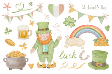 St Patrick Day Watercolor Illustration Set with Leprechaun, Shamrock, Rainbow, Pot of Gold, Beer Mug and Decorative Elements on transparent background