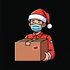 Cartoon delivery person in Santa hat and face mask holding a gift box for online holiday shopping with a cheerful expression.