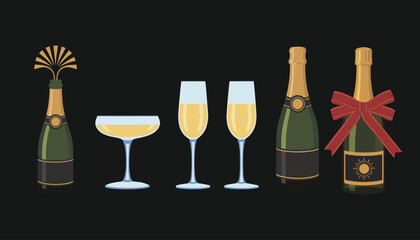 Champagne Bottles And Glasses With Ribbon And Art Deco Detail Keywords: champagne, bottles, glasses