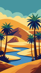 Vector illustration of a desert oasis with palm trees and winding river vector