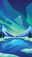 Vector illustration of northern lights over frozen lake in arctic landscape vector