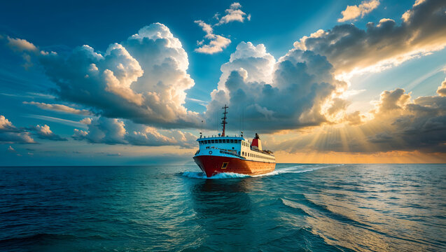 Ferry boat sailing on a vast turquoise sea with a dramatic cloudscape of cumulus and stratus clouds, illuminated by warm sunbeams generative AI