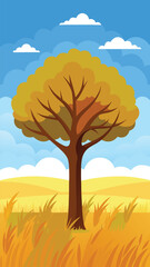 Solitary oak tree in golden wheat field under blue sky and clouds vector illustration vector