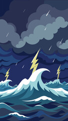 Dramatic ocean storm with lightning strikes and crashing waves vector illustration vector