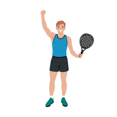 Male padel player raising his arm in celebration while holding a padel racket. Flat vector illustration isolated on white background