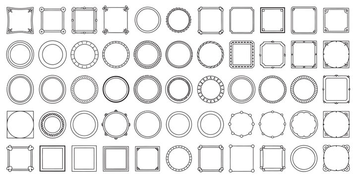 Vector collection of minimalist decorative frames, set of circular and square border designs for graphic templates 
