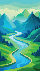 Winding river through lush green valley majestic mountain landscape vector illustration vector