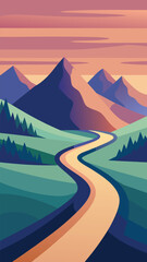 Winding road through misty mountain range at sunset vector illustration vector