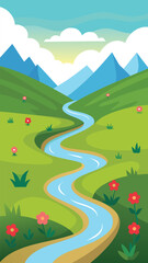 Winding creek through vibrant flower meadow with mountain backdrop vector illustration vector