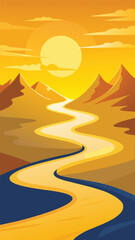 Golden sunlit winding river flows through majestic mountain landscape vector illustration vector