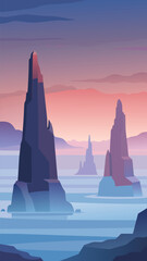Misty sea stacks towering at dawn in serene coastal landscape vector art vector